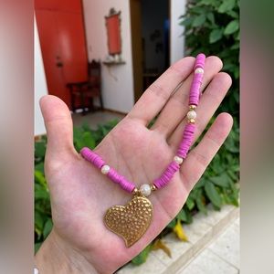 Handmade necklace heishi beads, polymer clay beads with a heart pendant